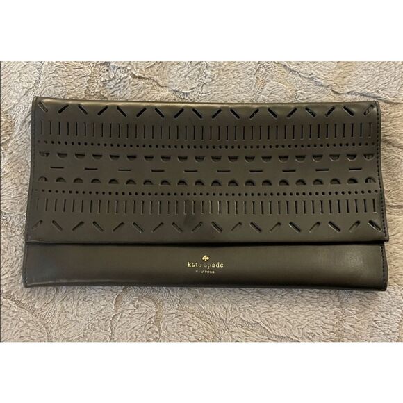 Kate Spade Perforated Leather Envelope Clutch Black Laser Cut Small Bag Preppy - Picture 2 of 14